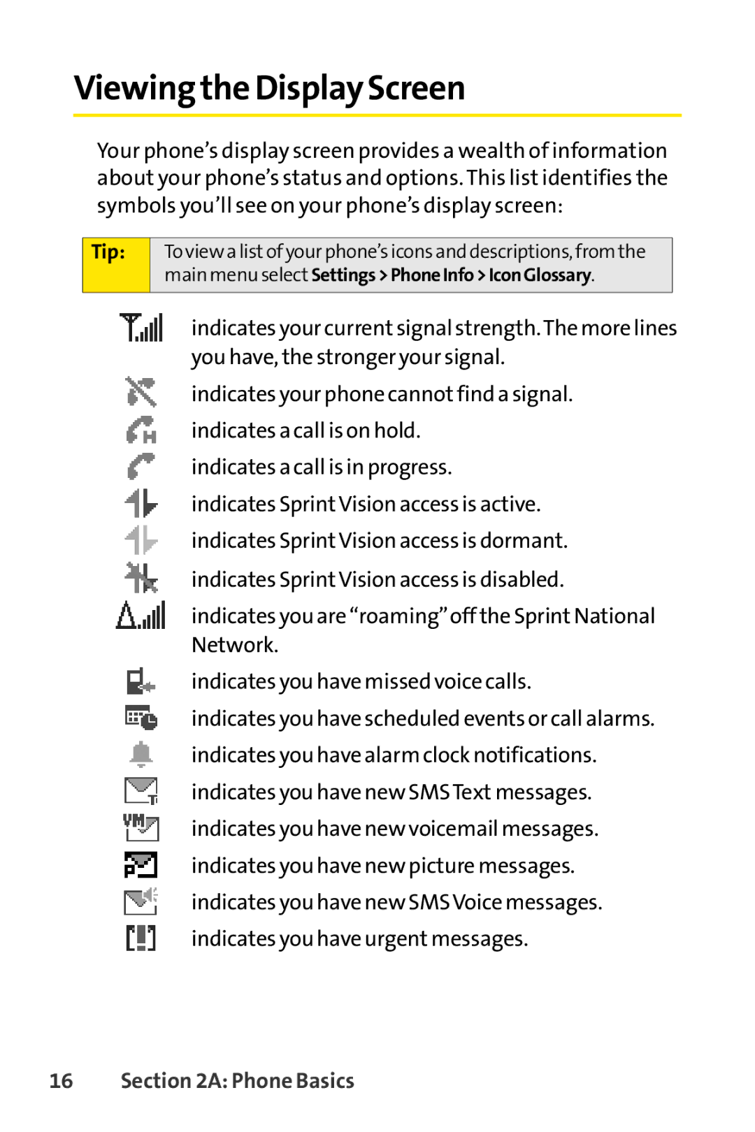 Sprint Nextel S1 manual Viewing the Display Screen, Tip 