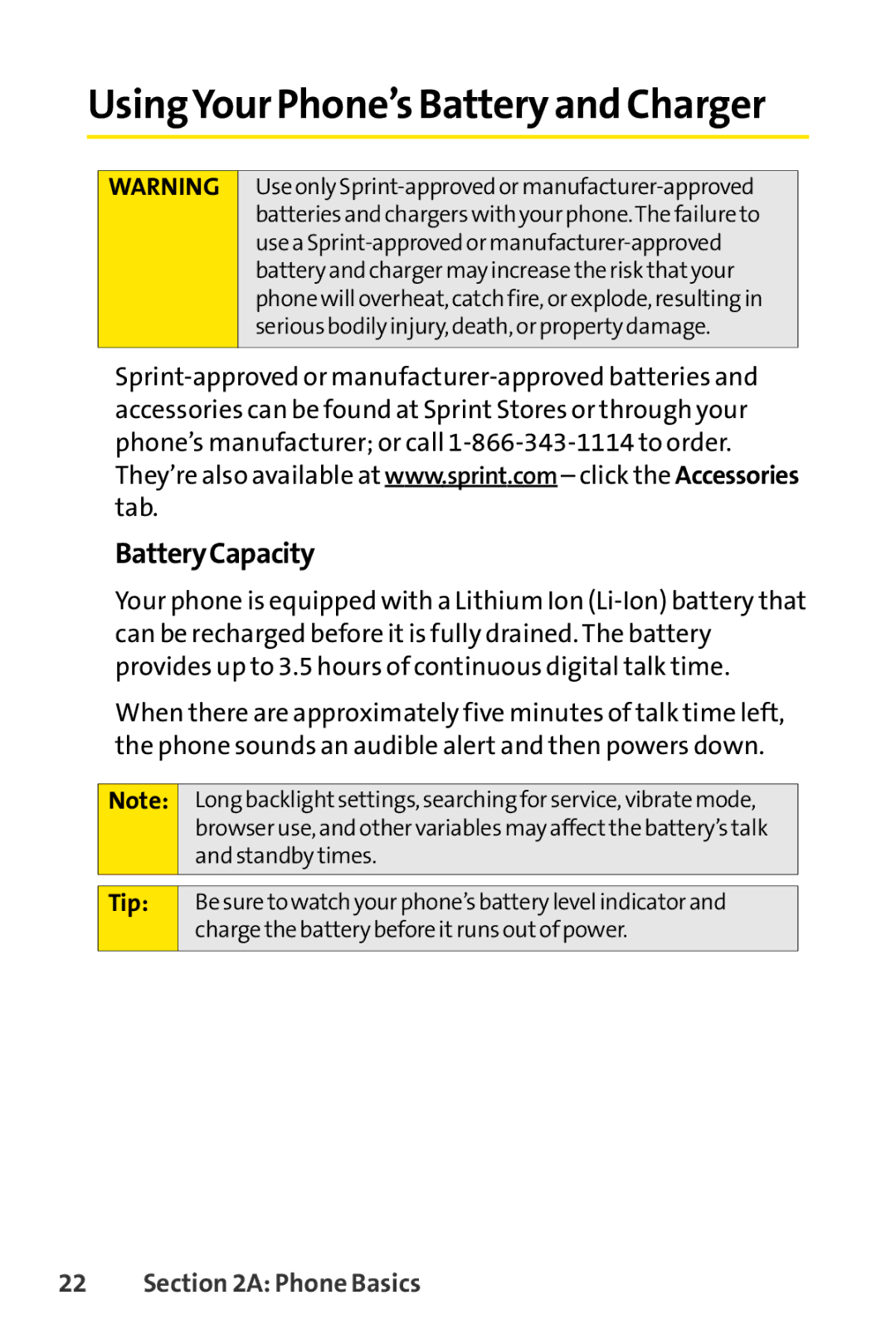 Sprint Nextel S1 manual UsingYour Phone’s Battery and Charger, Battery Capacity 