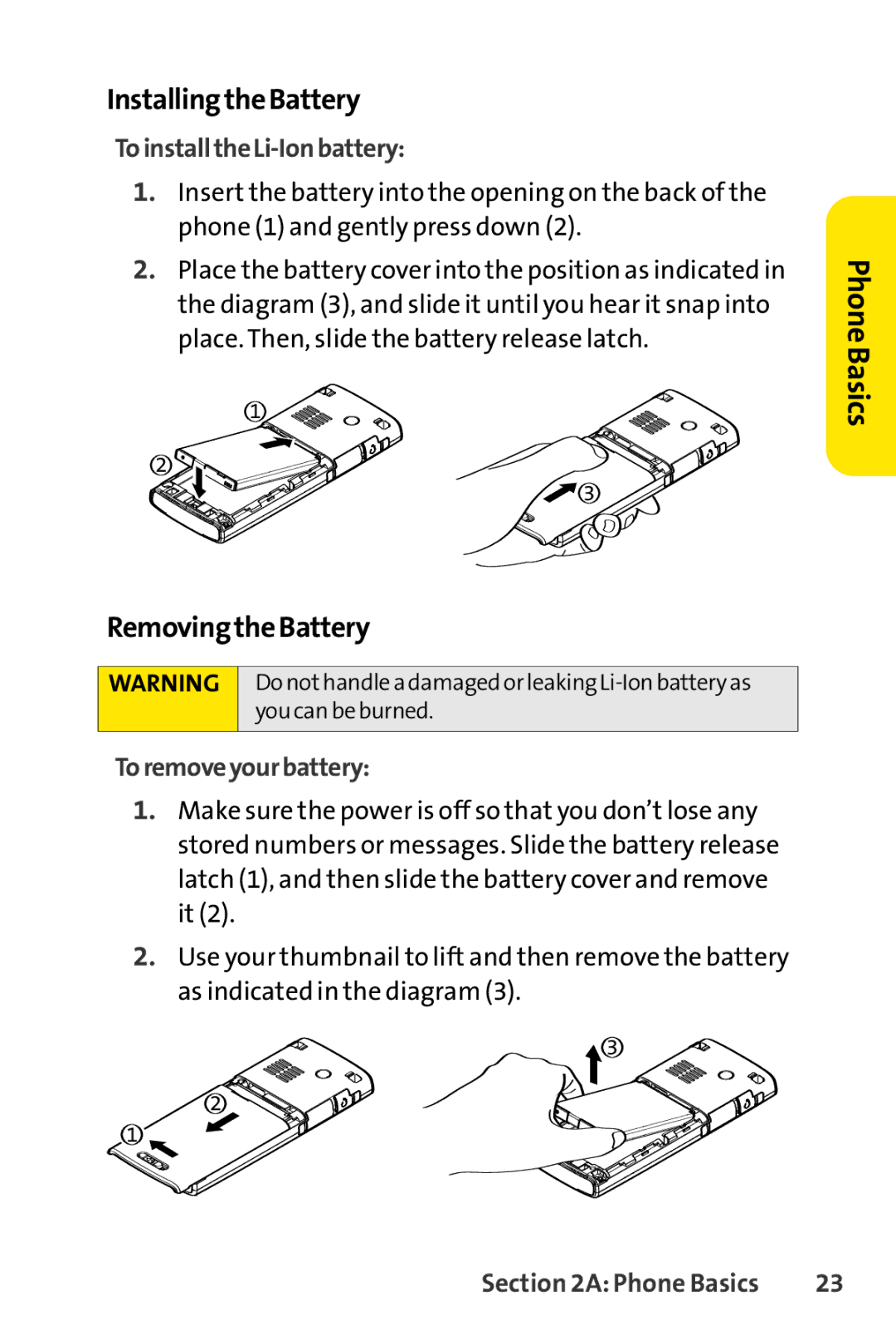 Sprint Nextel S1 manual Installing the Battery, Removing the Battery, To installthe Li-Ionbattery, To removeyour battery 