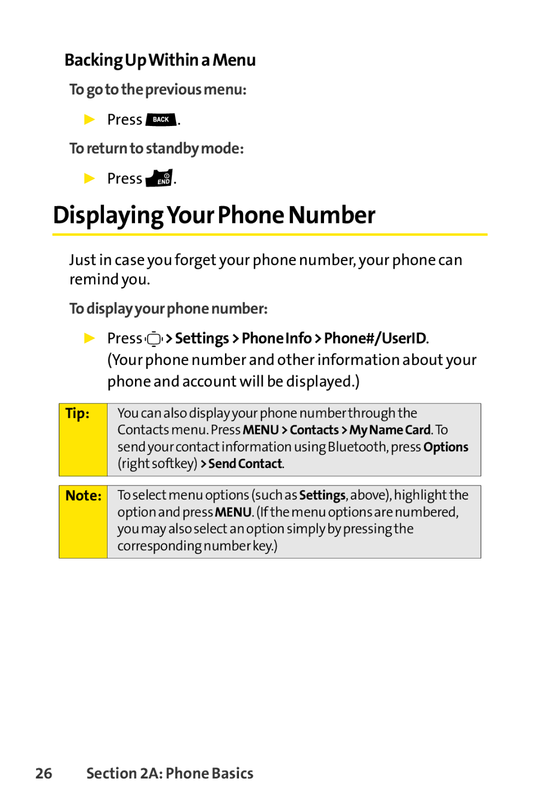 Sprint Nextel S1 DisplayingYour Phone Number, Backing UpWithin a Menu, To go tothe previous menu, To return tostandby mode 