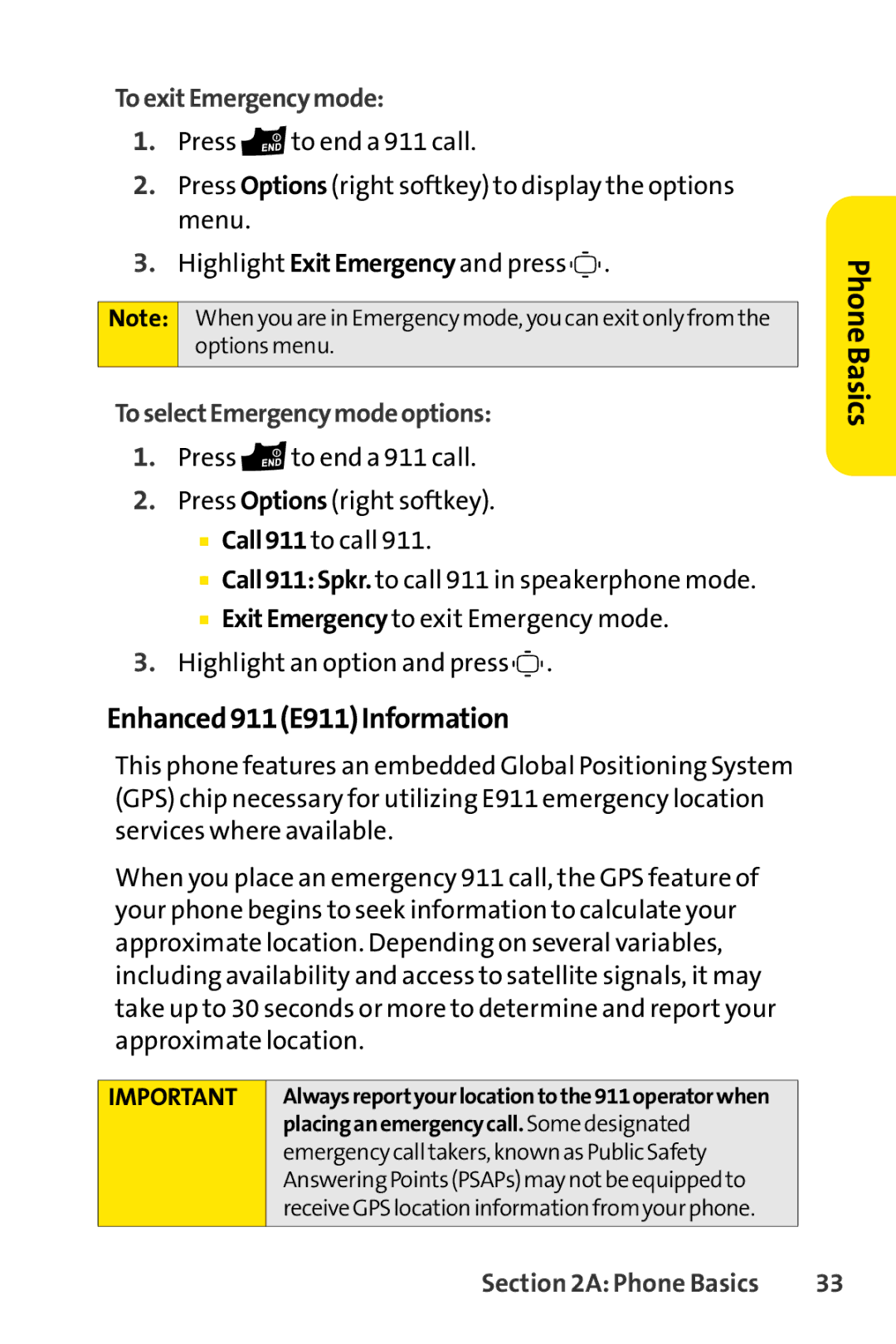 Sprint Nextel S1 manual Enhanced 911E911 Information, To exitEmergency mode, To selectEmergency mode options 