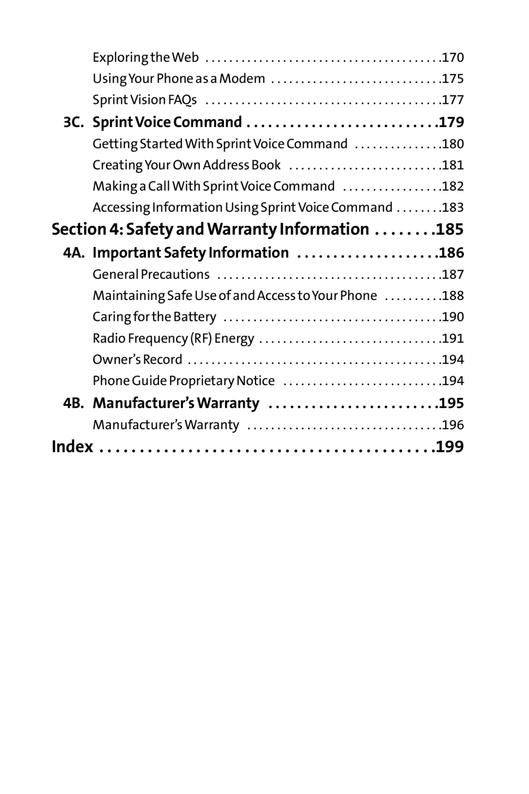 Sprint Nextel S1 manual 3C. SprintVoice Command, 4A. Important Safety Information, 4B. Manufacturer’s Warranty 