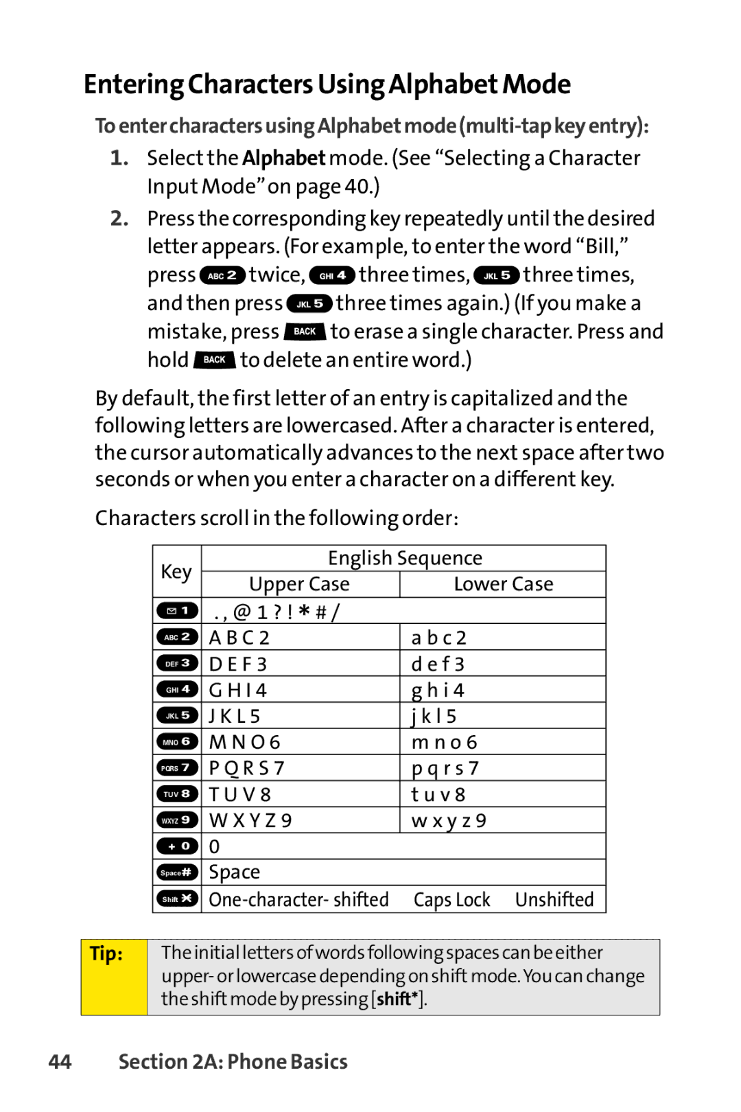 Sprint Nextel S1 manual Entering Characters Using Alphabet Mode, Tip 