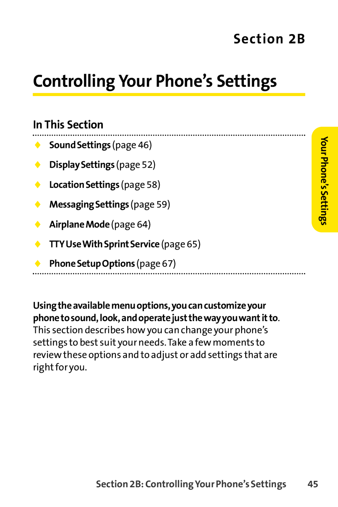 Sprint Nextel S1 manual Controlling Your Phone’s Settings, YourPhone’sSettings 