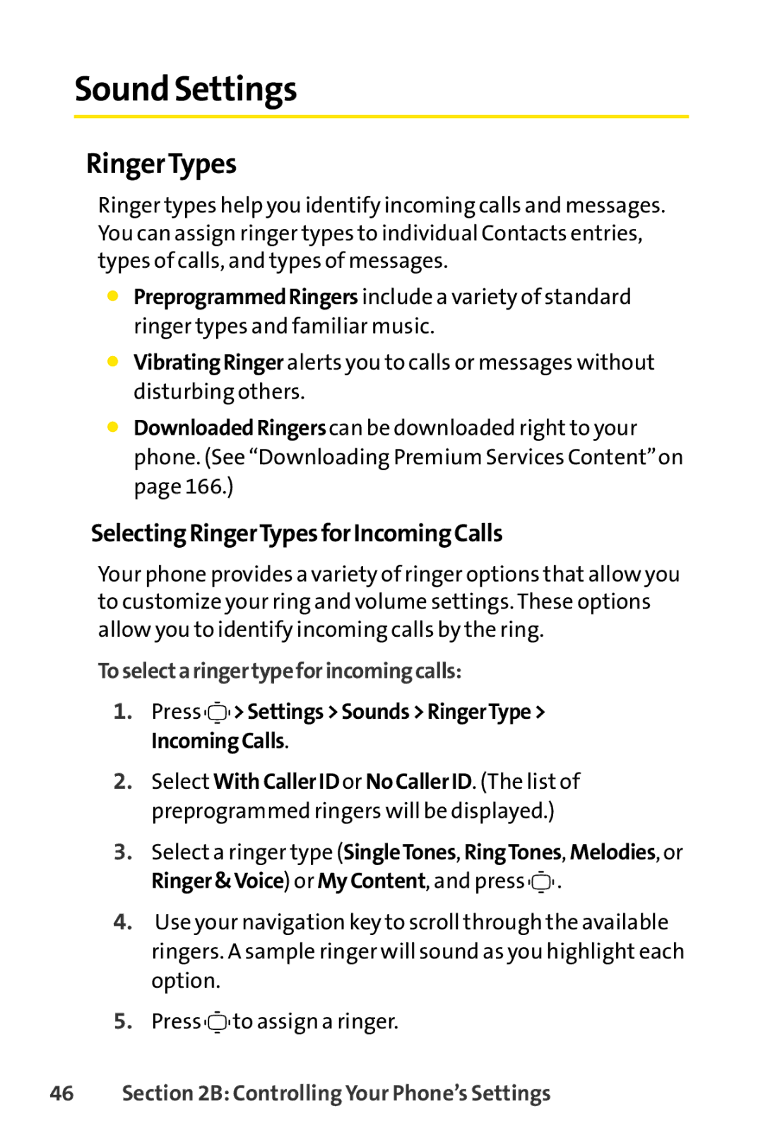 Sprint Nextel S1 Sound Settings, Selecting RingerTypes forIncoming Calls, To selecta ringer type forincoming calls 