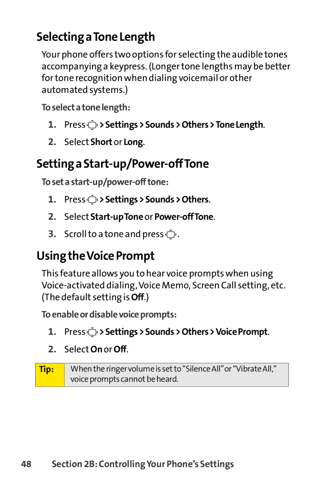 Sprint Nextel S1 manual Selecting aTone Length, Setting a Start-up/Power-offTone, Using theVoice Prompt 