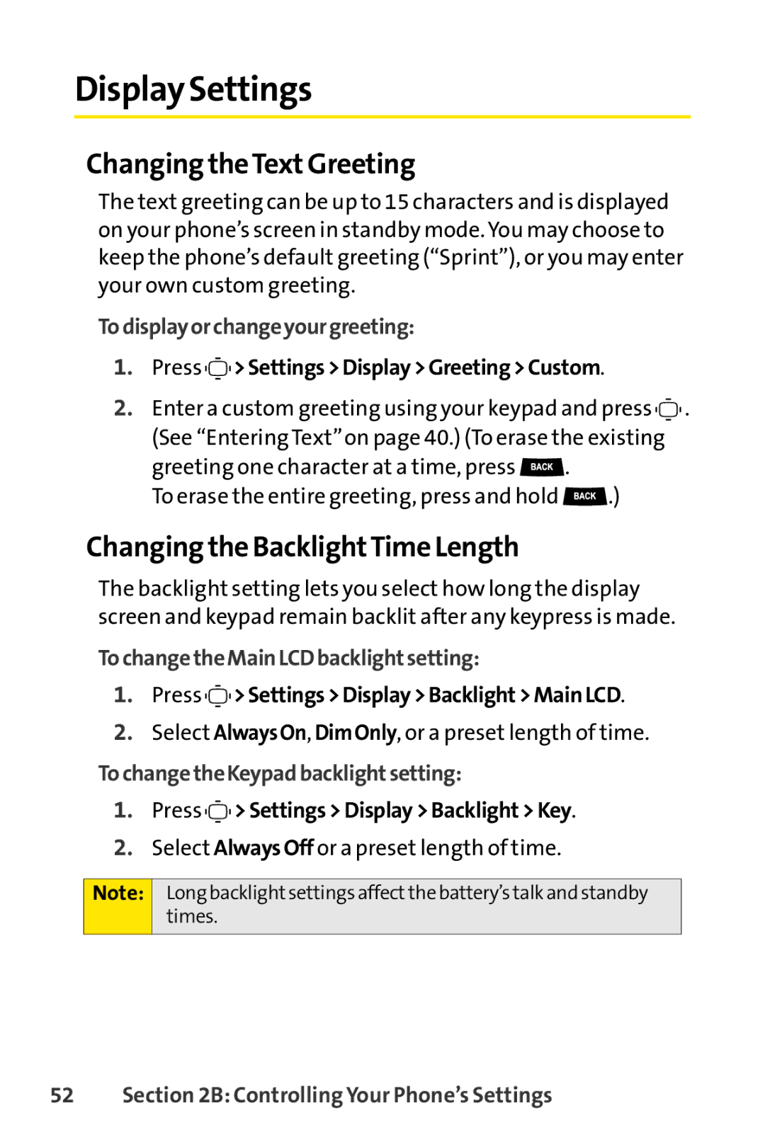 Sprint Nextel S1 manual Display Settings, Changing theText Greeting, Changing the BacklightTime Length 