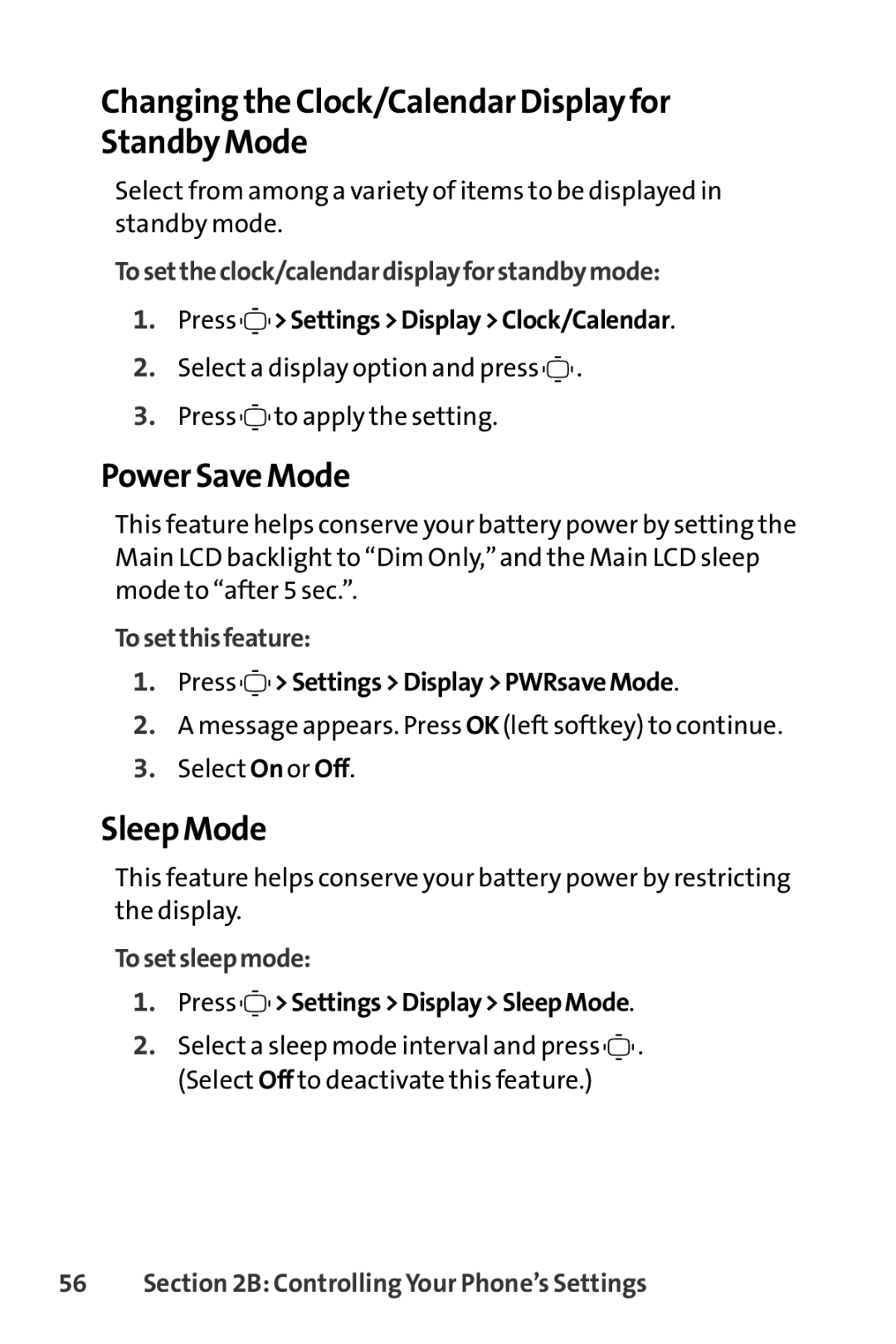 Sprint Nextel S1 manual Changing the Clock/Calendar Display for Standby Mode, Power Save Mode, Sleep Mode 