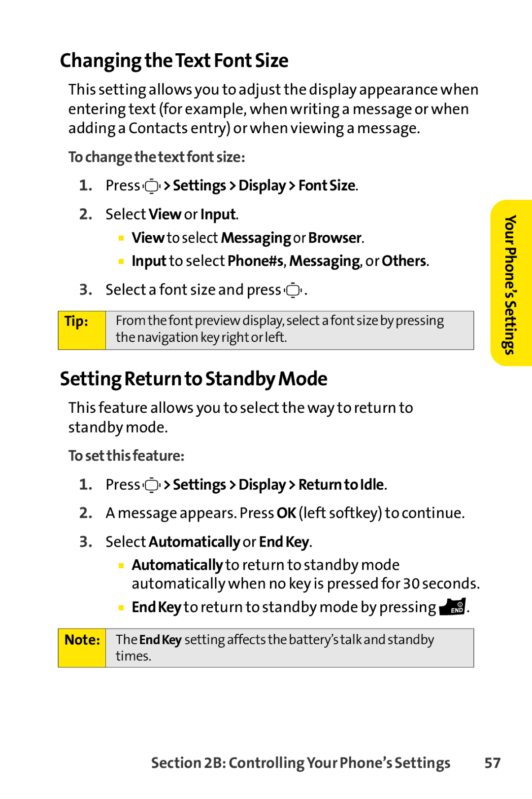 Sprint Nextel S1 manual Changing theText Font Size, Setting Return to Standby Mode, To changethe textfontsize 