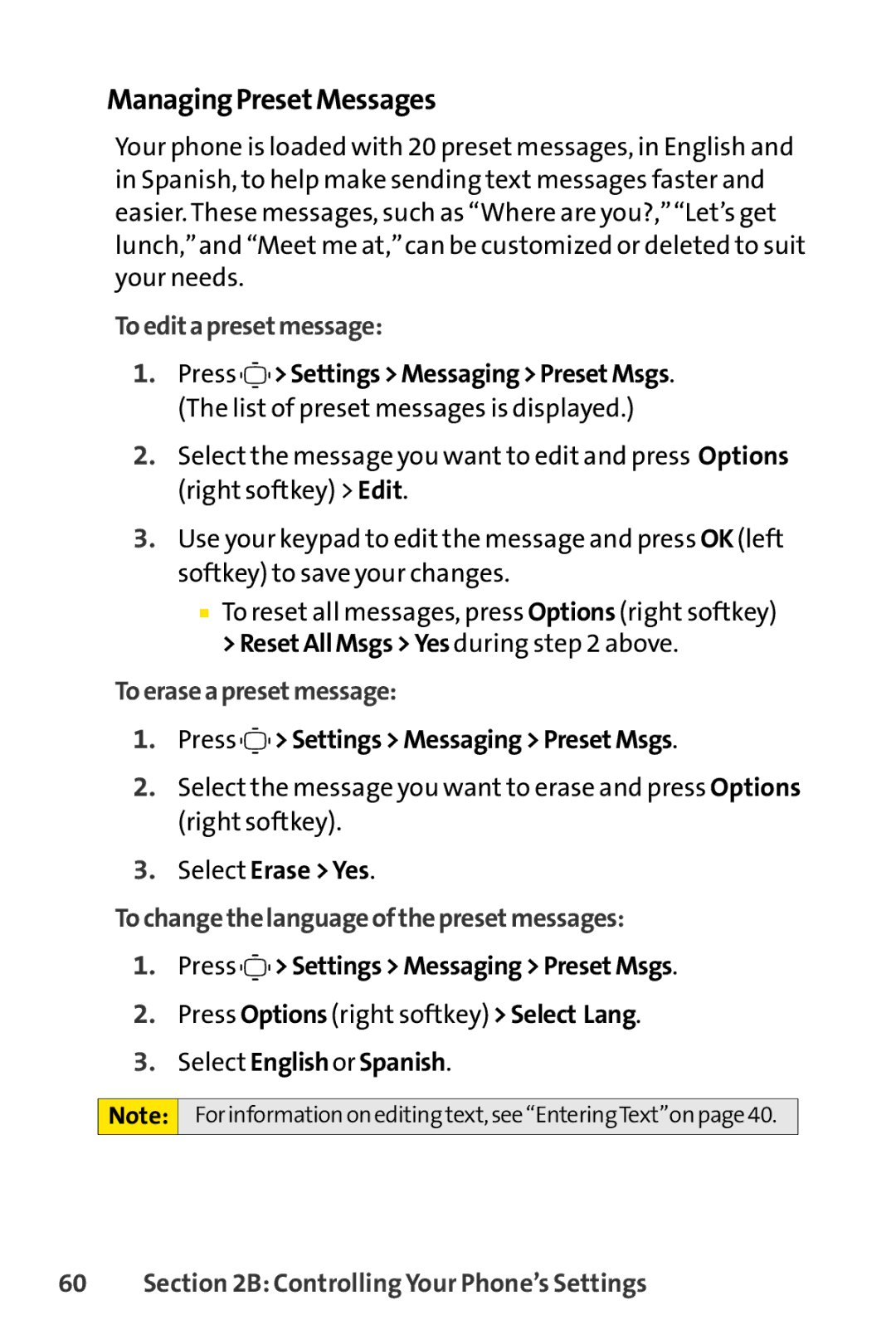 Sprint Nextel S1 manual Managing PresetMessages, To edita presetmessage, To erase a presetmessage 