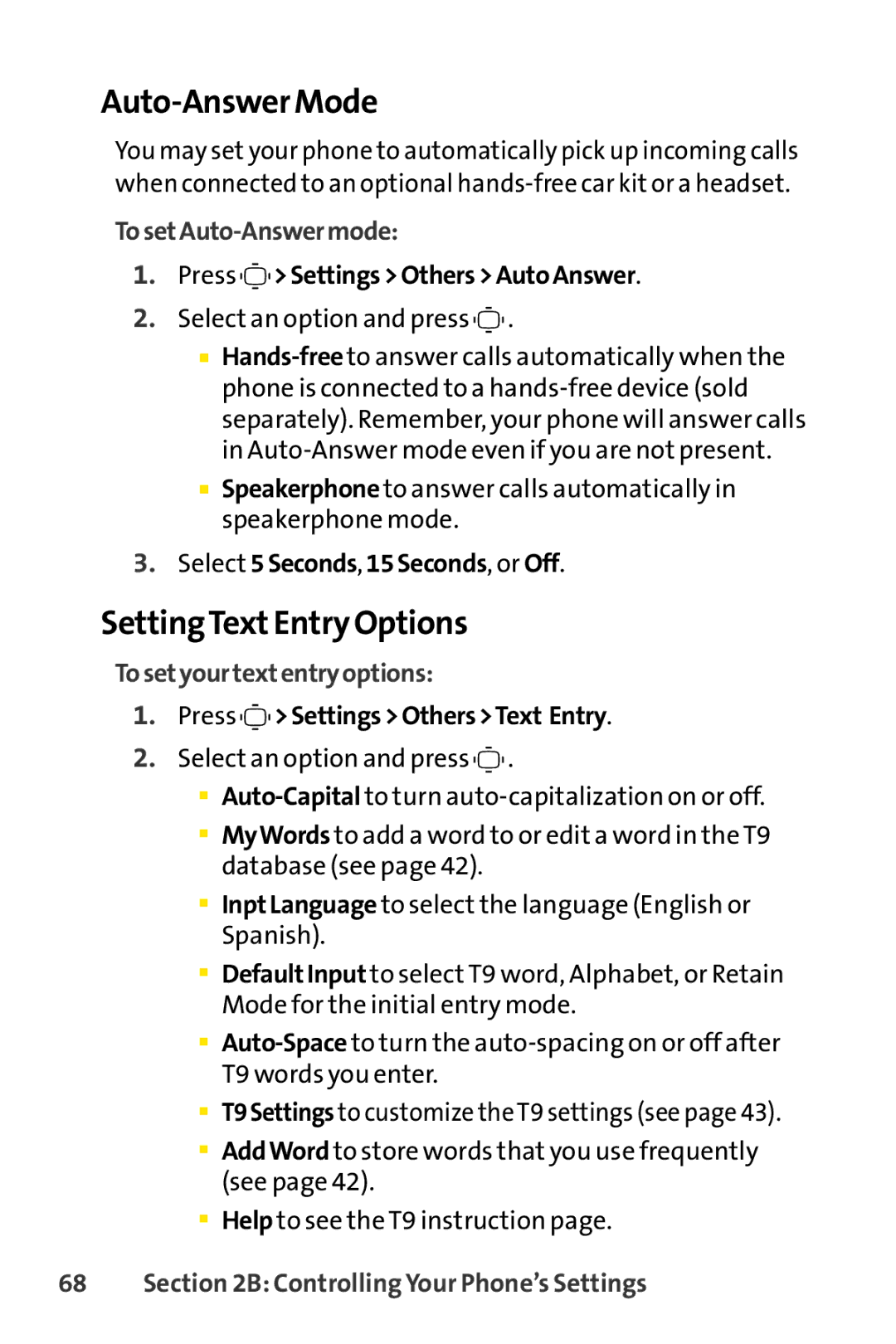 Sprint Nextel S1 manual Auto-Answer Mode, SettingText Entry Options, To setAuto-Answermode, To setyourtextentry options 