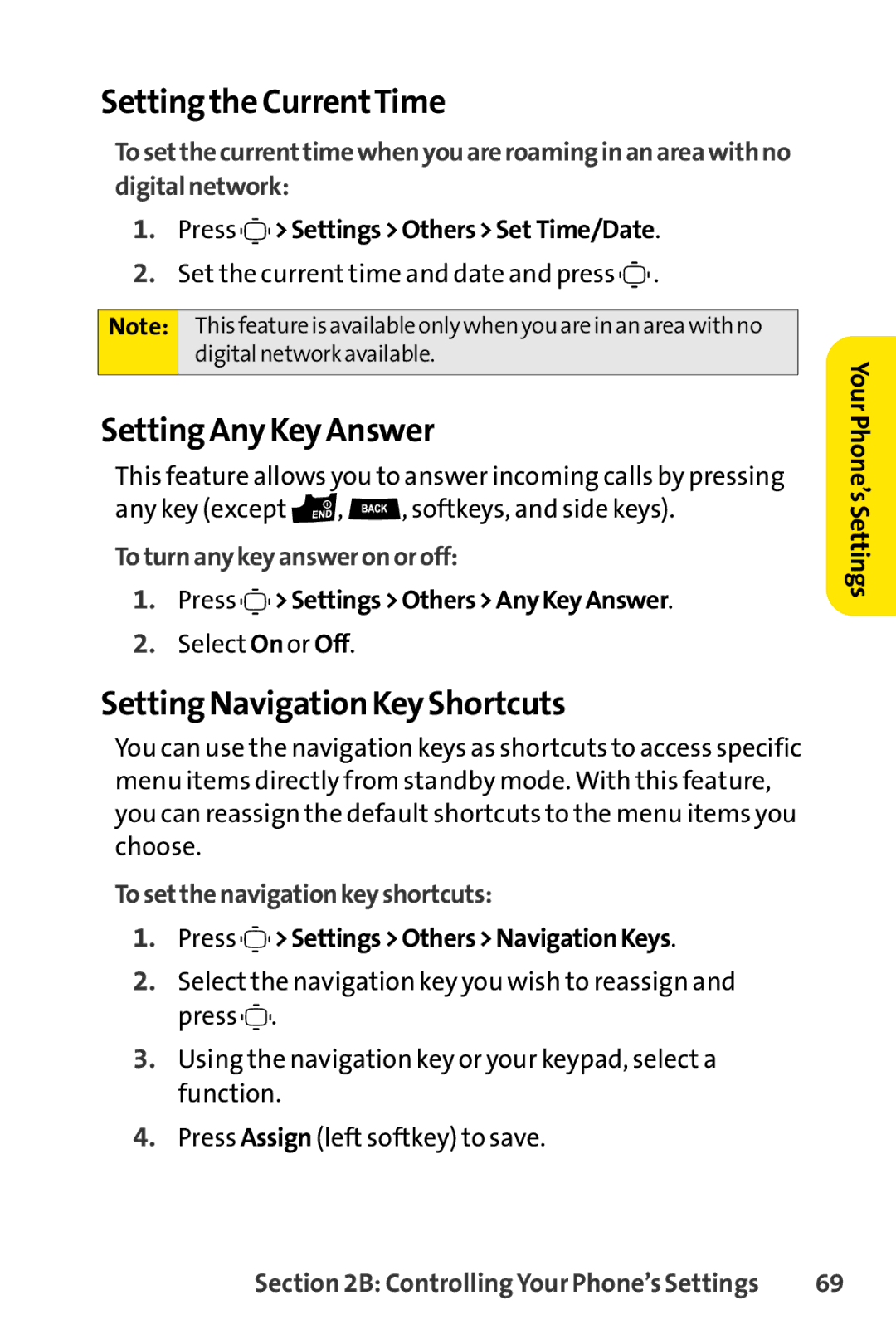 Sprint Nextel S1 manual Setting the CurrentTime, Setting Any Key Answer, Setting Navigation Key Shortcuts 