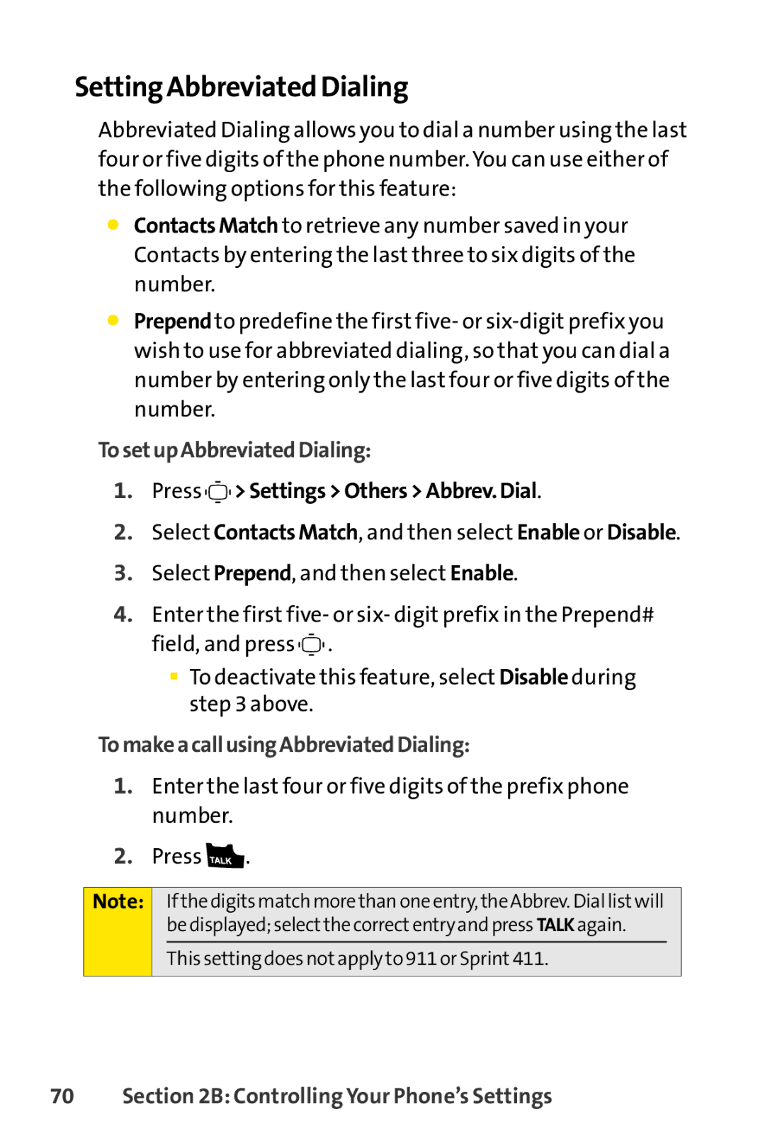 Sprint Nextel S1 manual Setting Abbreviated Dialing, To setupAbbreviated Dialing, Press SettingsOthersAbbrev. Dial 