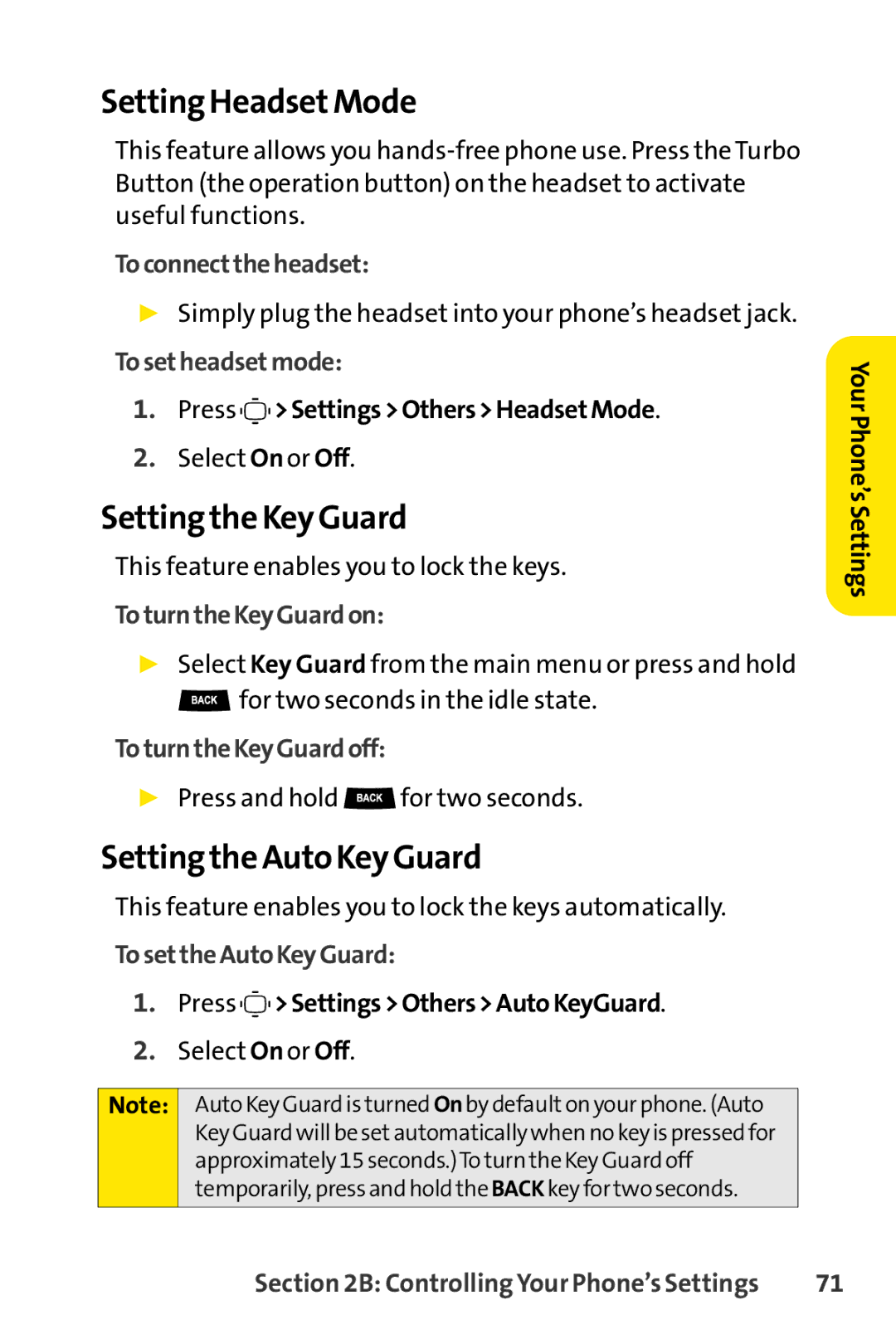 Sprint Nextel S1 manual Setting HeadsetMode, Setting the Key Guard, Setting the Auto Key Guard 