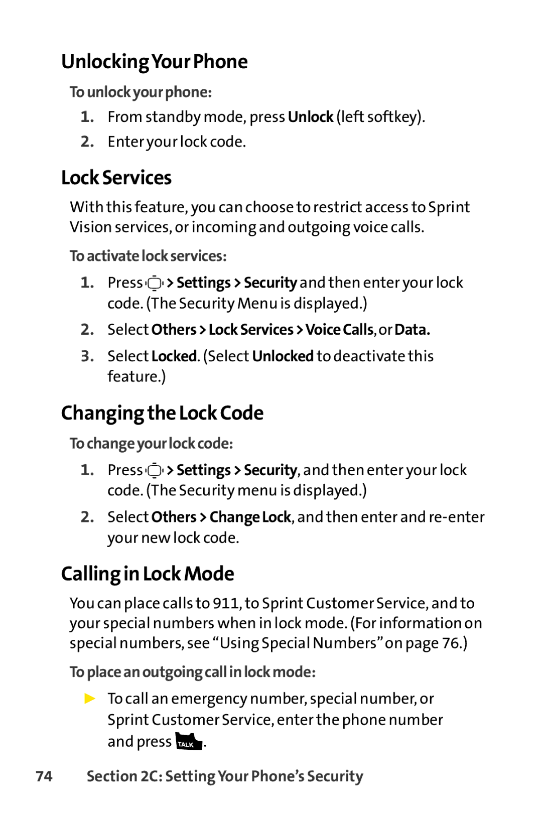 Sprint Nextel S1 manual UnlockingYour Phone, Lock Services, Changing the Lock Code, Calling in Lock Mode 