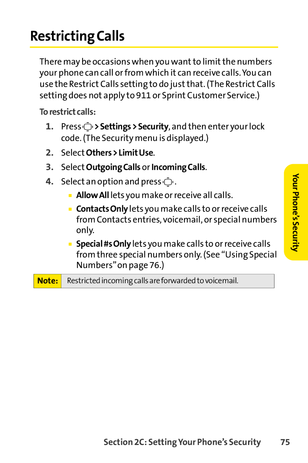 Sprint Nextel S1 manual Restricting Calls, To restrictcalls 