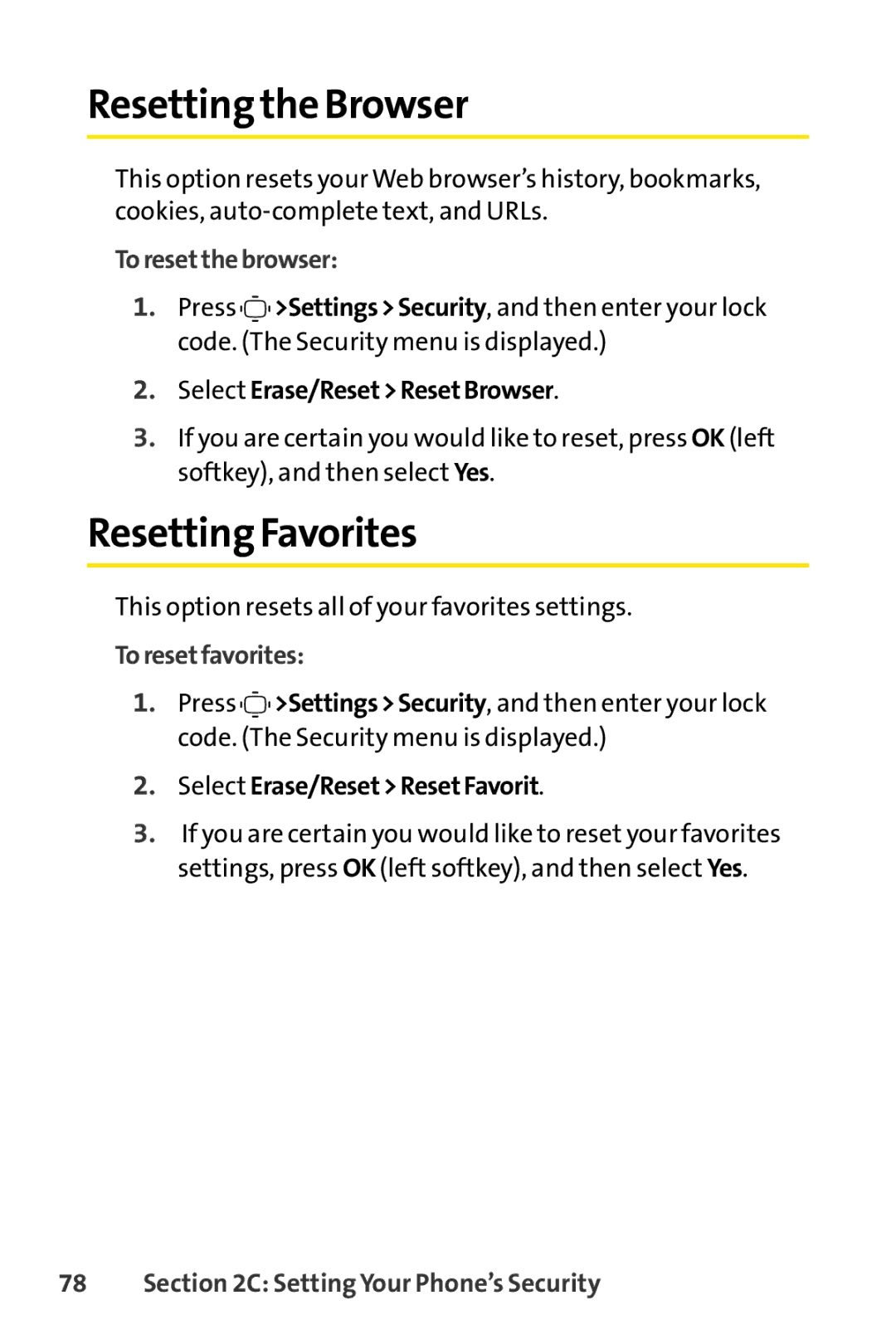 Sprint Nextel S1 manual Resetting the Browser, Resetting Favorites, To resetthe browser, To resetfavorites 