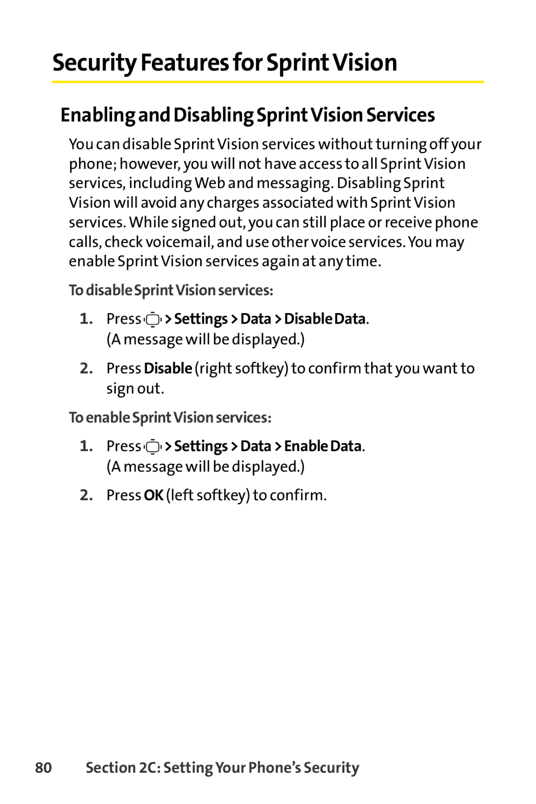 Sprint Nextel S1 manual Security Features for SprintVision, Enabling and Disabling SprintVision Services 