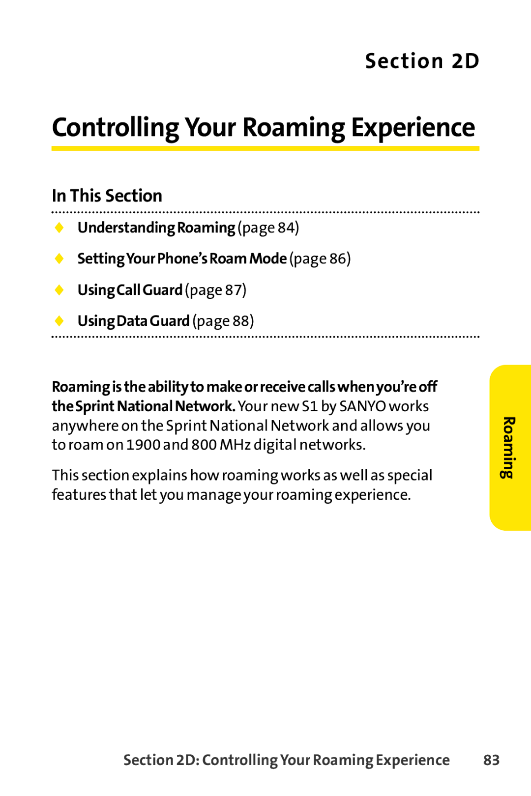 Sprint Nextel S1 manual Controlling Your Roaming Experience, This Section 