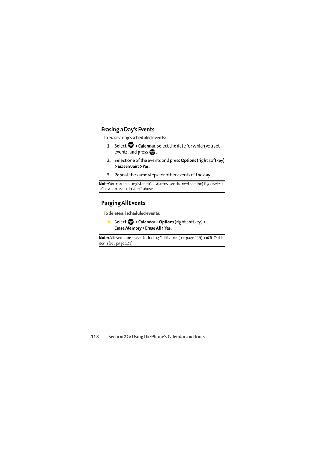 Sprint Nextel SCP-2400 manual Erasing a Day’s Events, Purging All Events, Toeraseaday’sscheduledevents 