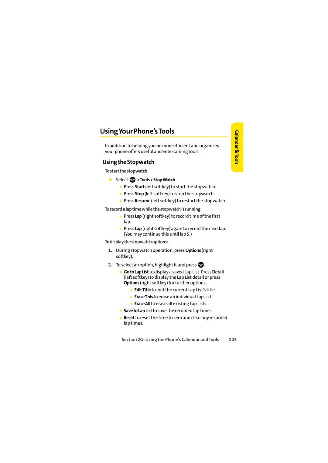 Sprint Nextel SCP-2400 manual UsingYour Phone’sTools, Using the Stopwatch 