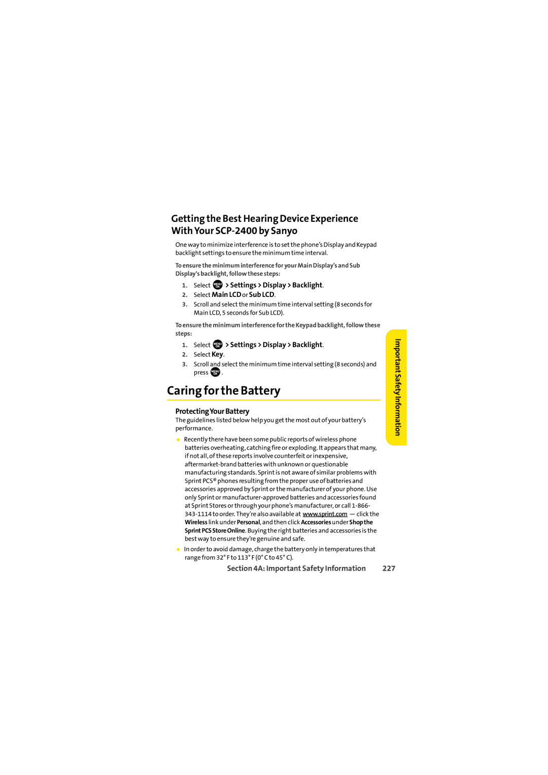 Sprint Nextel SCP-2400 manual Caring for the Battery, Select Settings Display Backlight, ProtectingYourBattery, 227 