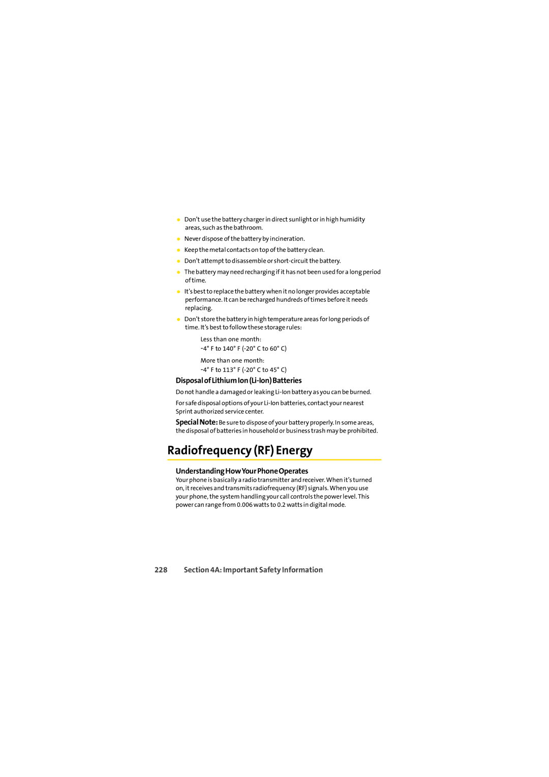 Sprint Nextel SCP-2400 Radiofrequency RF Energy, DisposalofLithiumIonLi-IonBatteries, UnderstandingHowYourPhoneOperates 