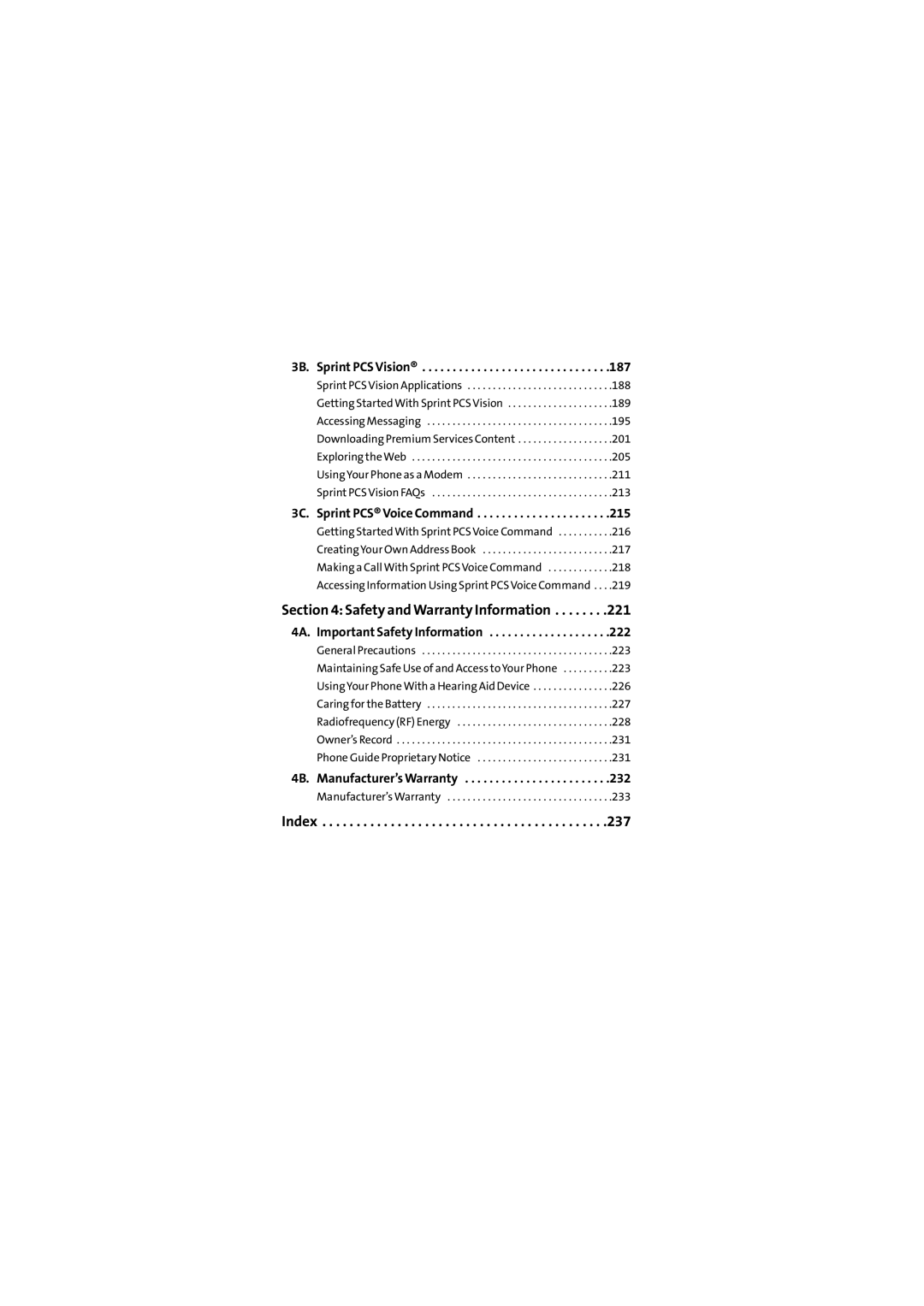 Sprint Nextel SCP-2400 manual 3B. Sprint PCS Vision, 3C. Sprint PCS Voice Command, 4A. Important Safety Information 