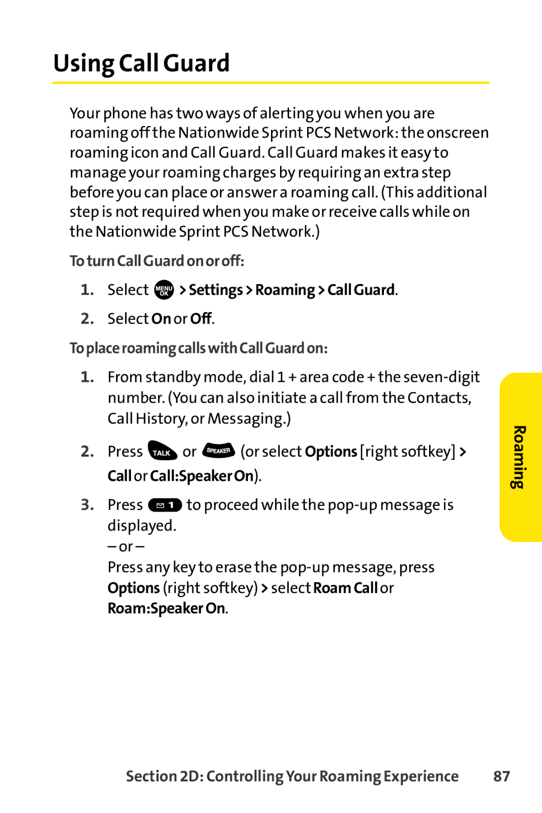 Sprint Nextel SCP-3100 manual Using Call Guard, ToturnCallGuardonoroff, Select SettingsRoamingCallGuard 