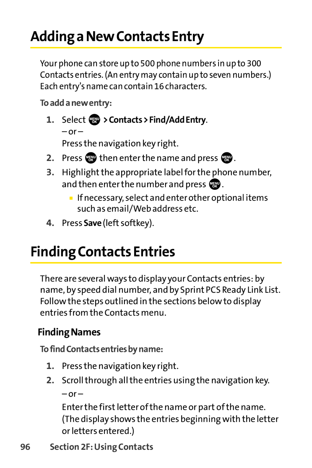 Sprint Nextel SCP-3100 manual Addinga New Contacts Entry, FindingContacts Entries, FindingNames 