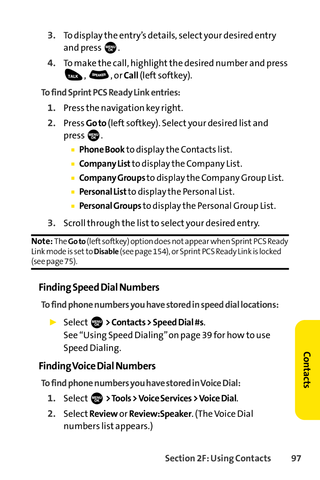 Sprint Nextel SCP-3100 manual FindingSpeedDialNumbers, FindingVoiceDialNumbers, TofindSprintPCSReadyLinkentries 