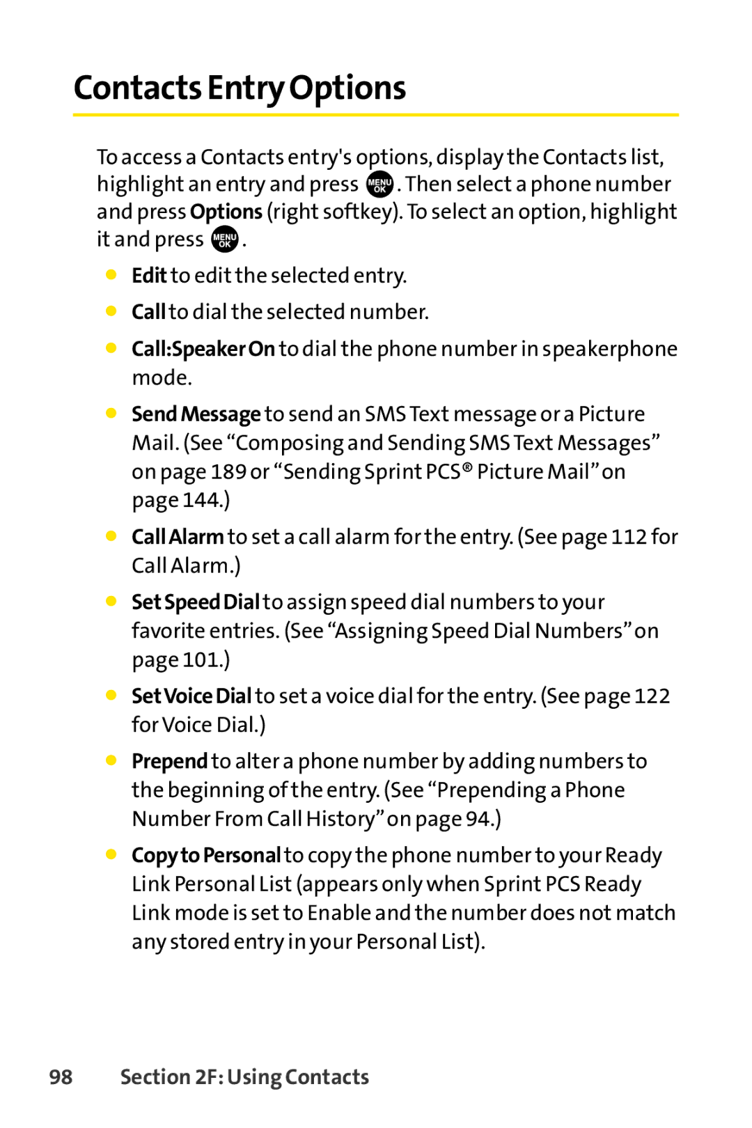 Sprint Nextel SCP-3100 manual Contacts Entry Options 