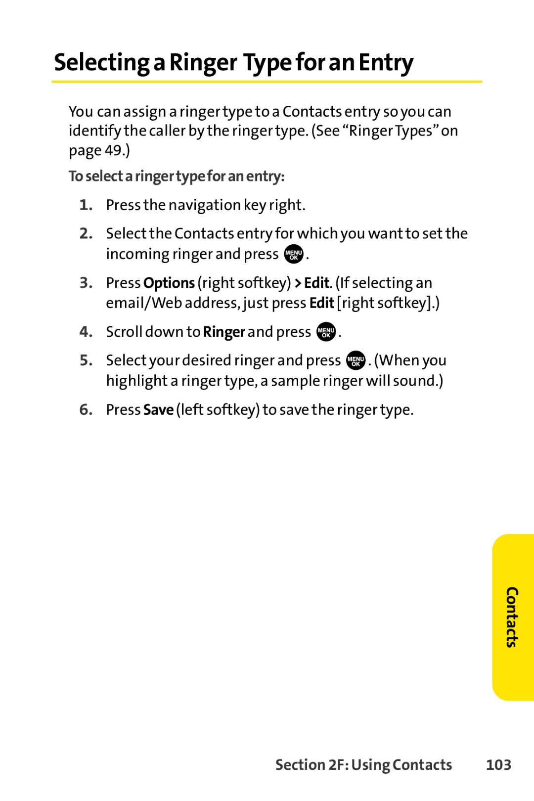 Sprint Nextel SCP-3100 manual Selecting a Ringer Type for an Entry, Toselectaringertypeforanentry, 103 