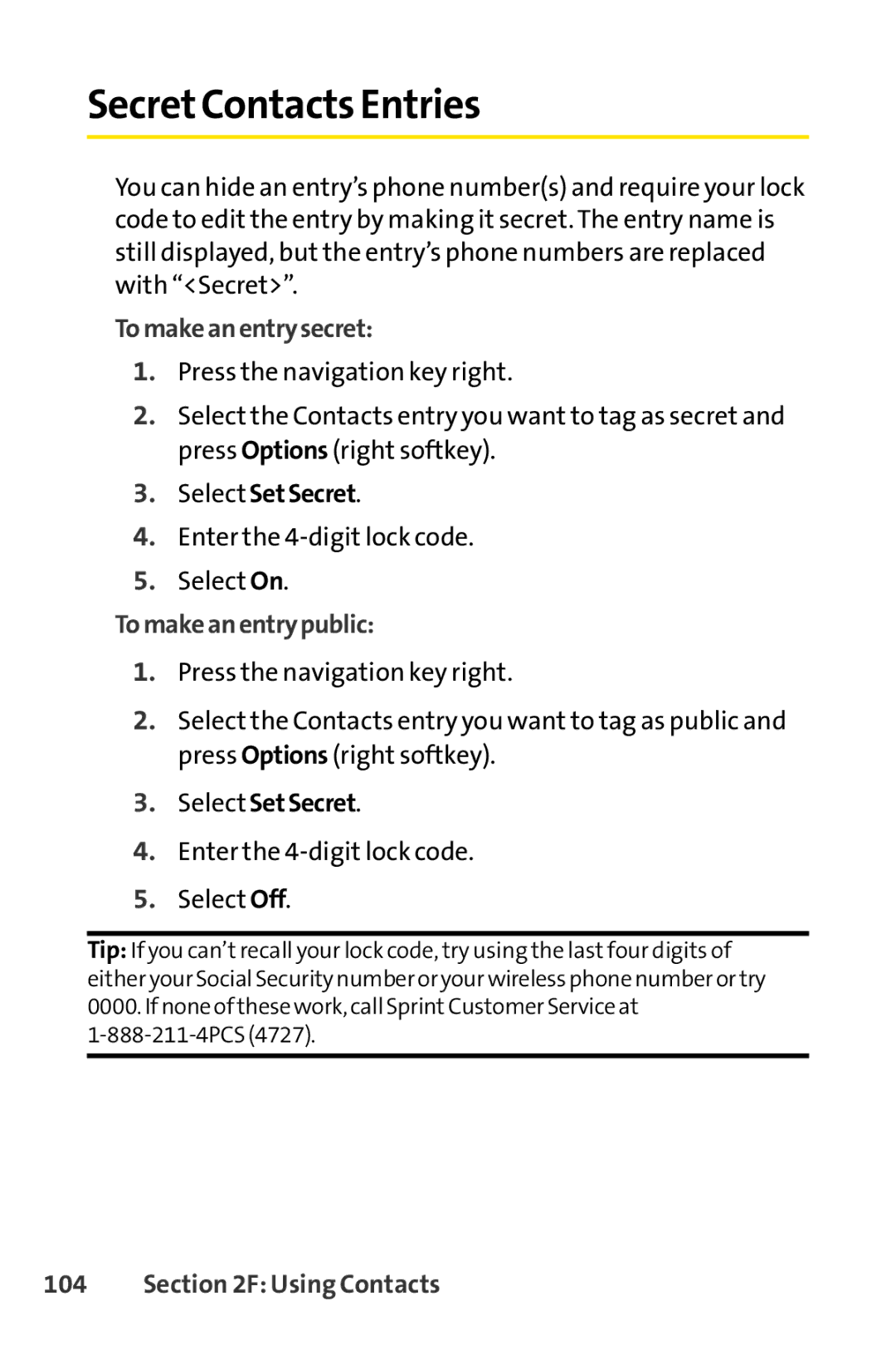 Sprint Nextel SCP-3100 manual SecretContacts Entries, Tomakeanentrysecret, Select SetSecret, Tomakeanentrypublic 