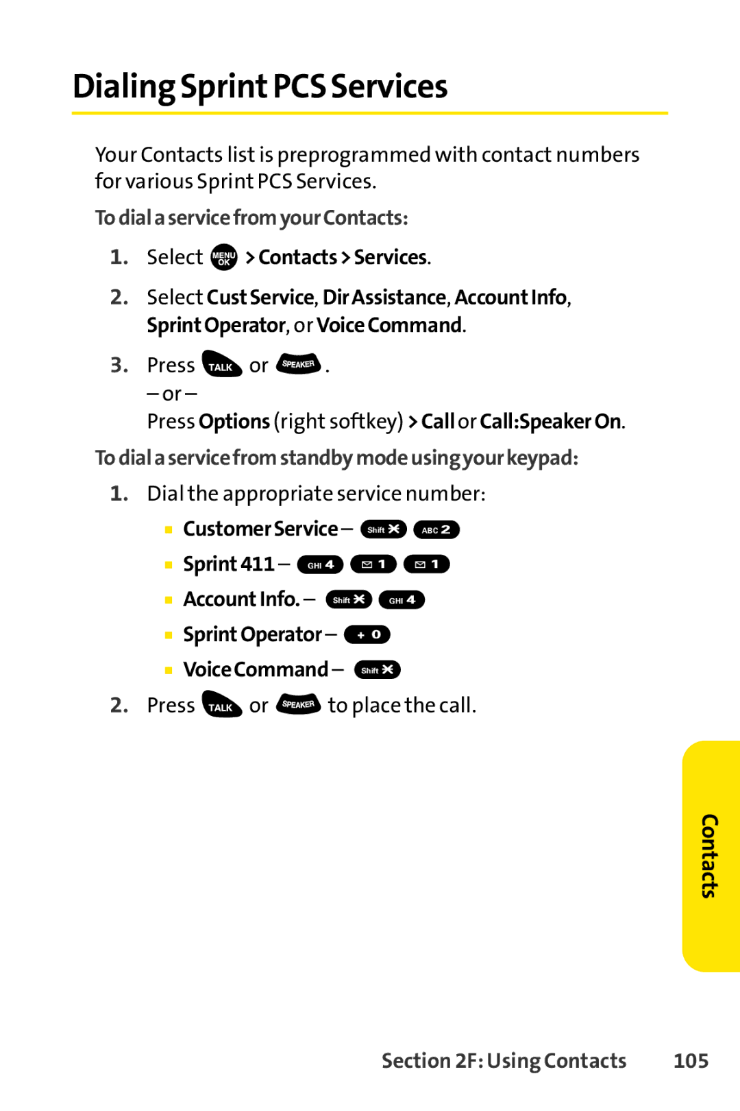 Sprint Nextel SCP-3100 manual Dialing SprintPCS Services, TodialaservicefromyourContacts, 105 