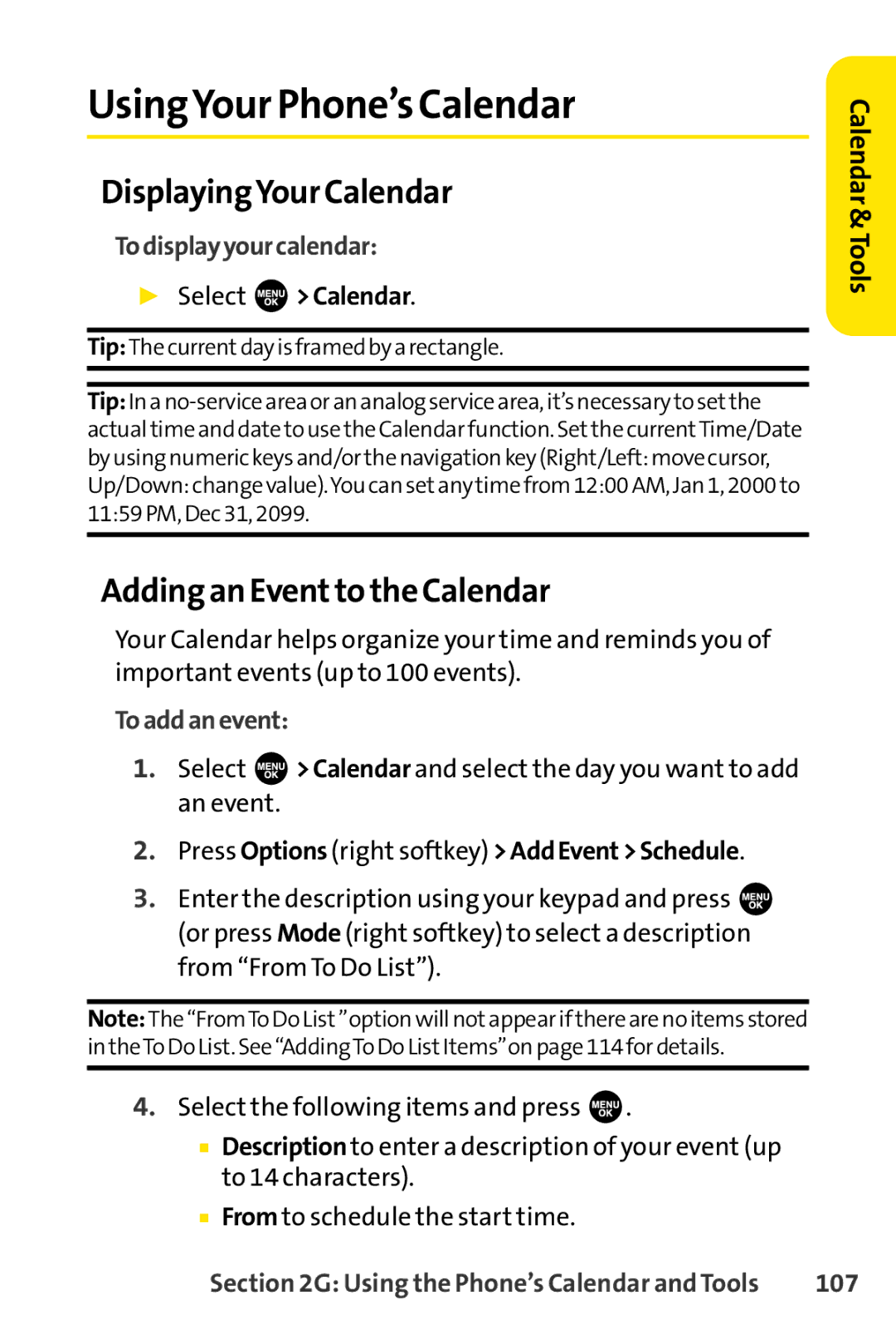 Sprint Nextel SCP-3100 manual UsingYour Phone’s Calendar, DisplayingYour Calendar, Adding an Eventto the Calendar 