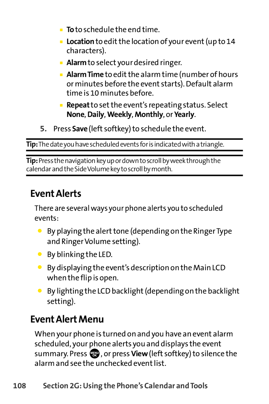 Sprint Nextel SCP-3100 manual Event Alerts, Event Alert Menu, Press Save left softkey to schedule the event 