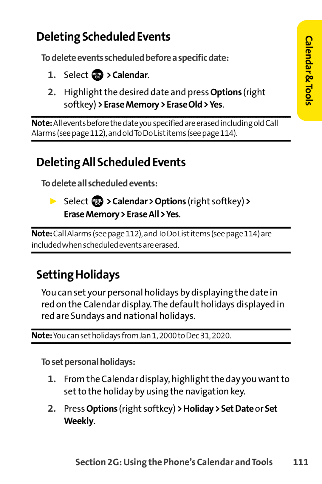 Sprint Nextel SCP-3100 manual Deleting Scheduled Events, Deleting All Scheduled Events, Setting Holidays 