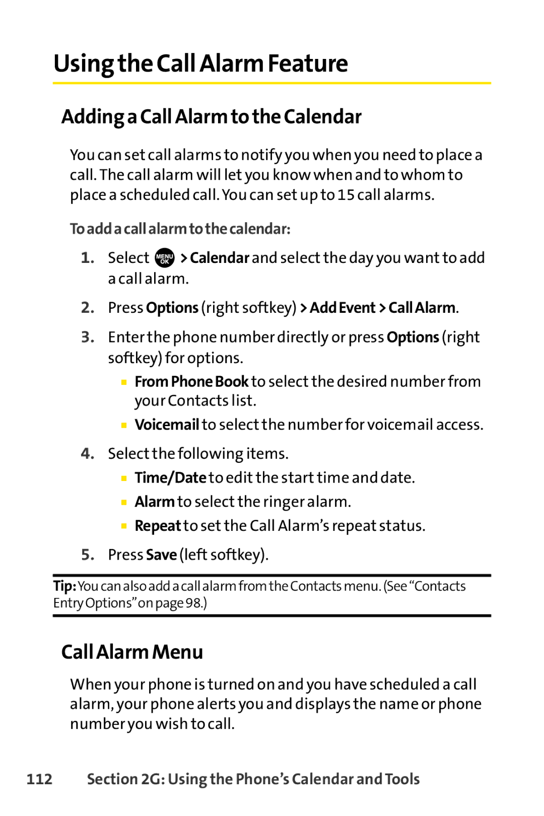 Sprint Nextel SCP-3100 manual Using the Call Alarm Feature, Adding a Call Alarm to the Calendar, Call Alarm Menu 