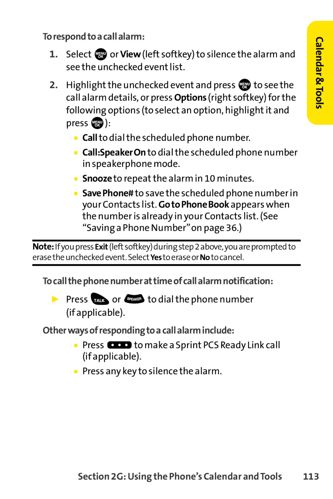 Sprint Nextel SCP-3100 manual Torespondtoacallalarm, Tocallthephonenumberattimeofcallalarmnotification, 113 