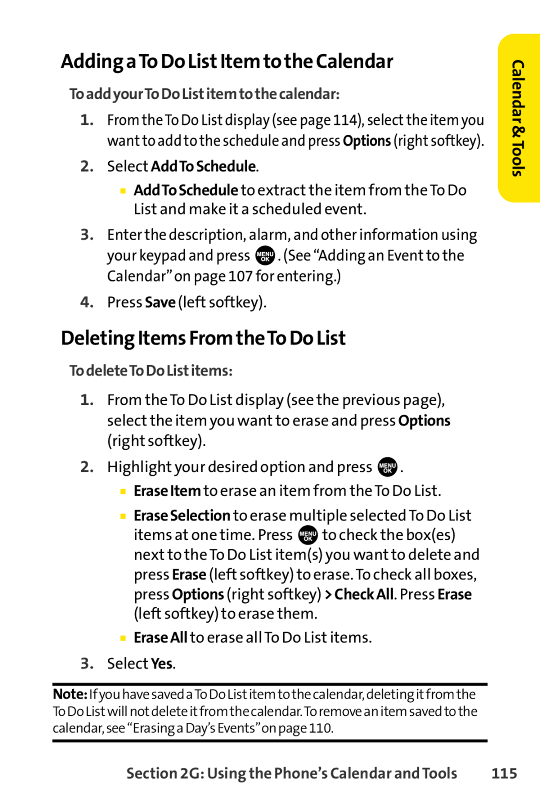 Sprint Nextel SCP-3100 Adding aTo Do ListItem to the Calendar, Deleting Items From theTo Do List, TodeleteToDoListitems 