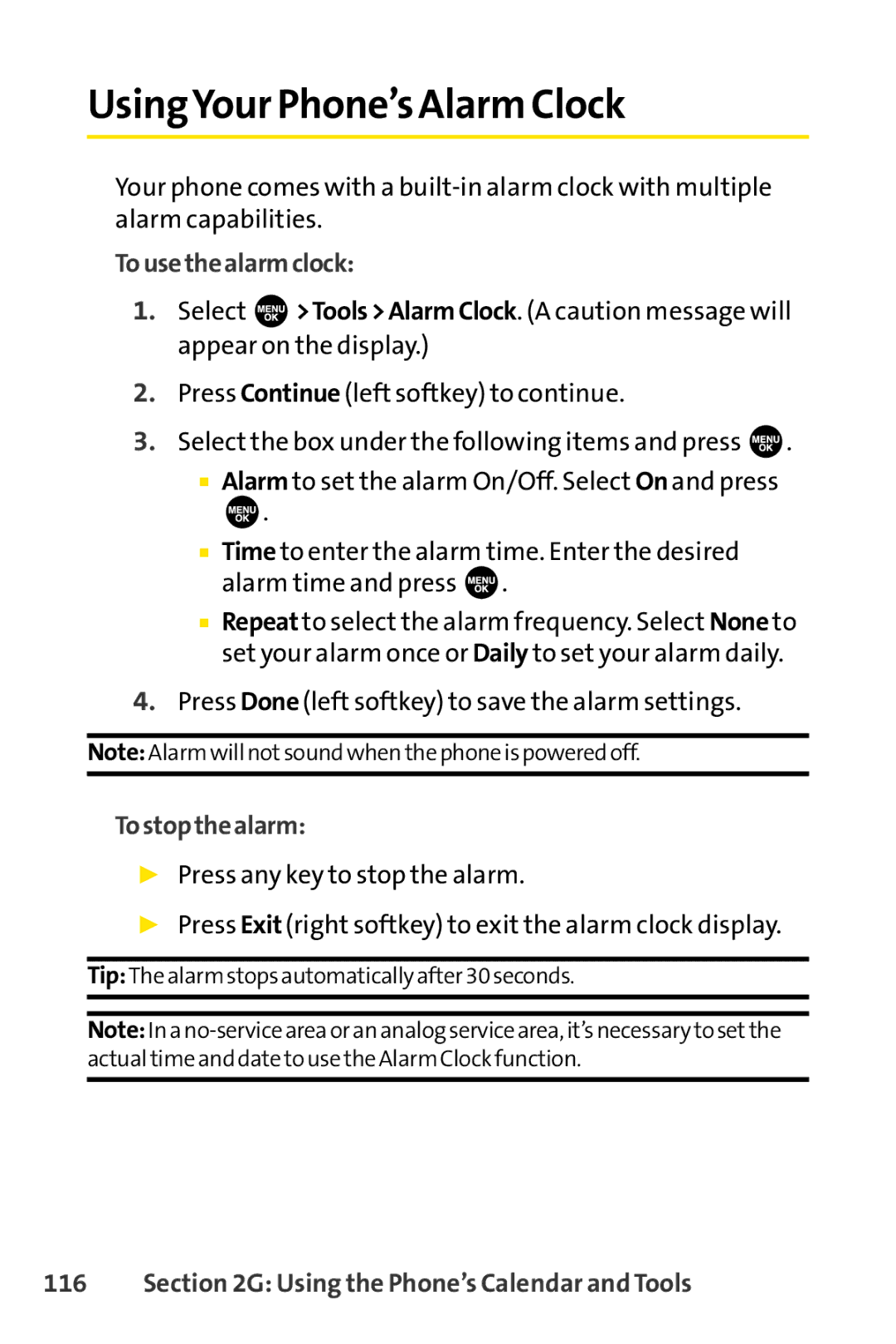 Sprint Nextel SCP-3100 manual UsingYour Phone’s Alarm Clock, Tousethealarmclock, Tostopthealarm 