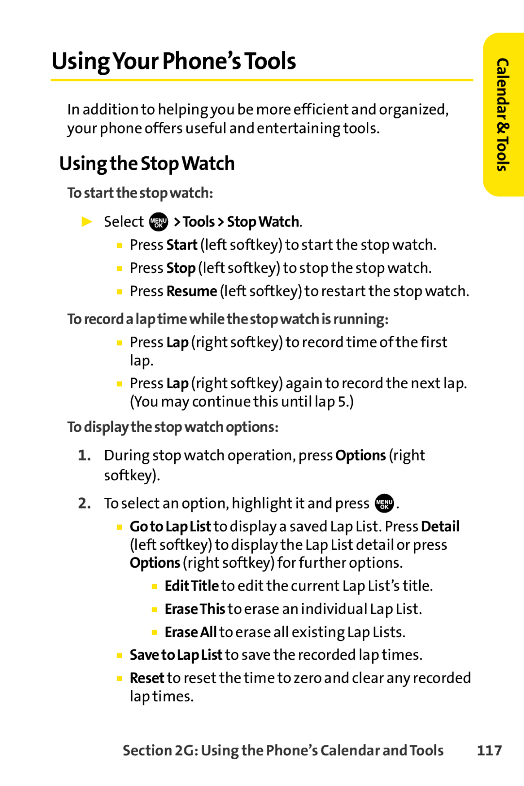 Sprint Nextel SCP-3100 manual UsingYour Phone’sTools, Using the StopWatch 