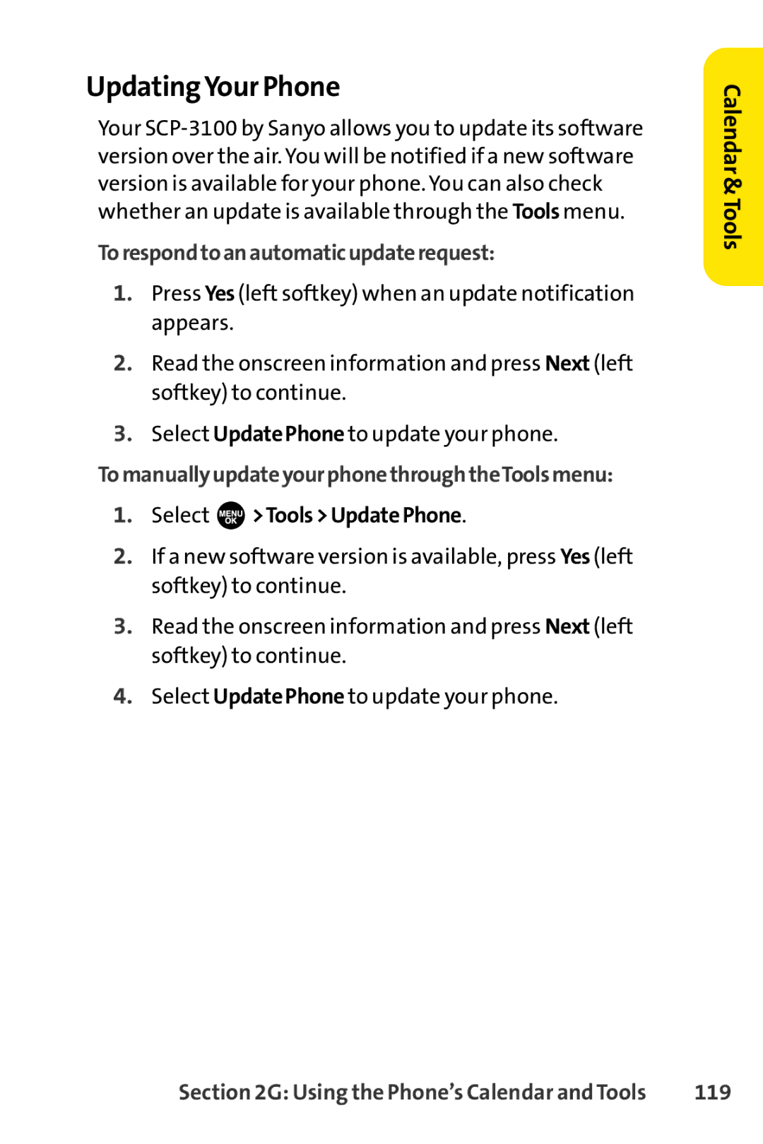 Sprint Nextel SCP-3100 manual UpdatingYour Phone, Torespondtoanautomaticupdaterequest, Select ToolsUpdatePhone, 119 