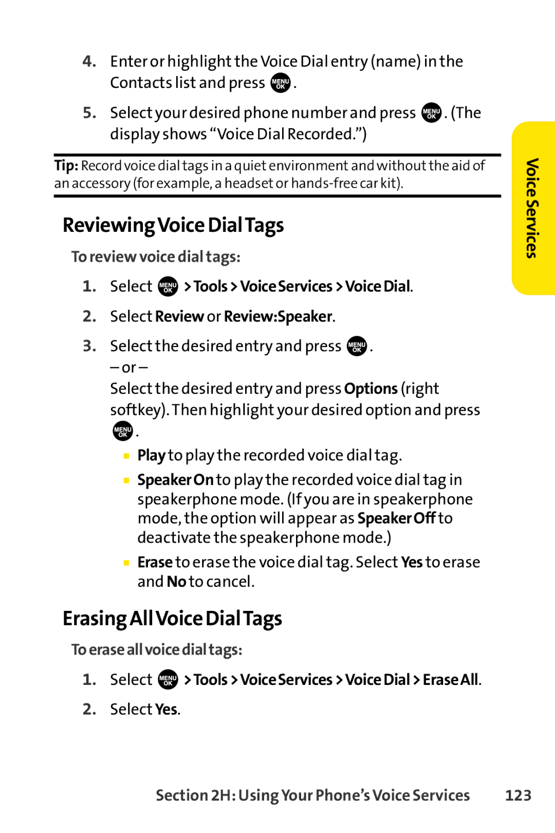 Sprint Nextel SCP-3100 manual ReviewingVoice DialTags, Erasing AllVoice DialTags, To review voice dial tags, 123 