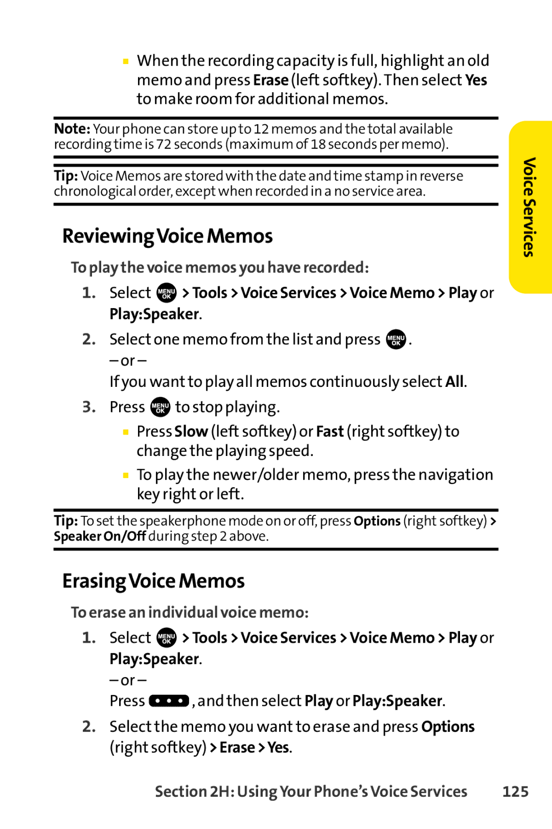 Sprint Nextel SCP-3100 manual ReviewingVoice Memos, ErasingVoice Memos, To play the voice memos you have recorded, 125 