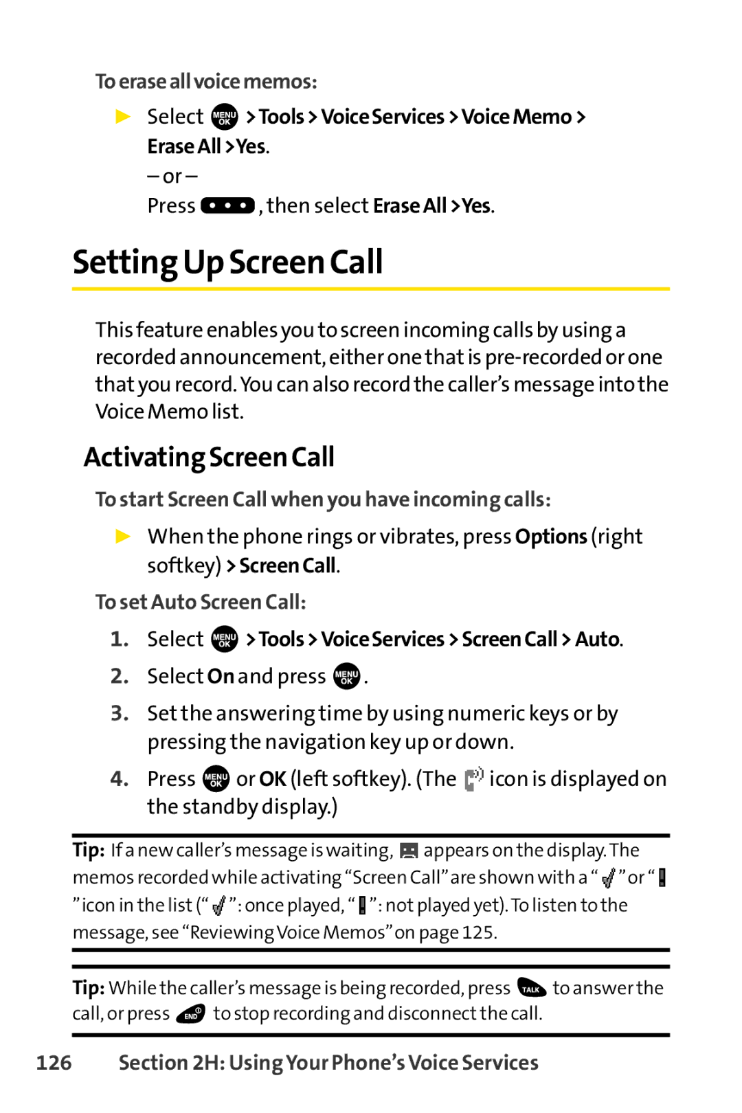 Sprint Nextel SCP-3100 manual Setting Up Screen Call, Activating Screen Call, Toeraseallvoicememos, To set Auto Screen Call 