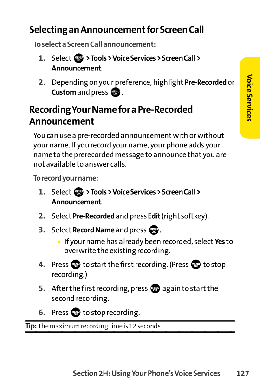 Sprint Nextel SCP-3100 Selecting an Announcementfor Screen Call, RecordingYour Name for a Pre-Recorded Announcement, 127 