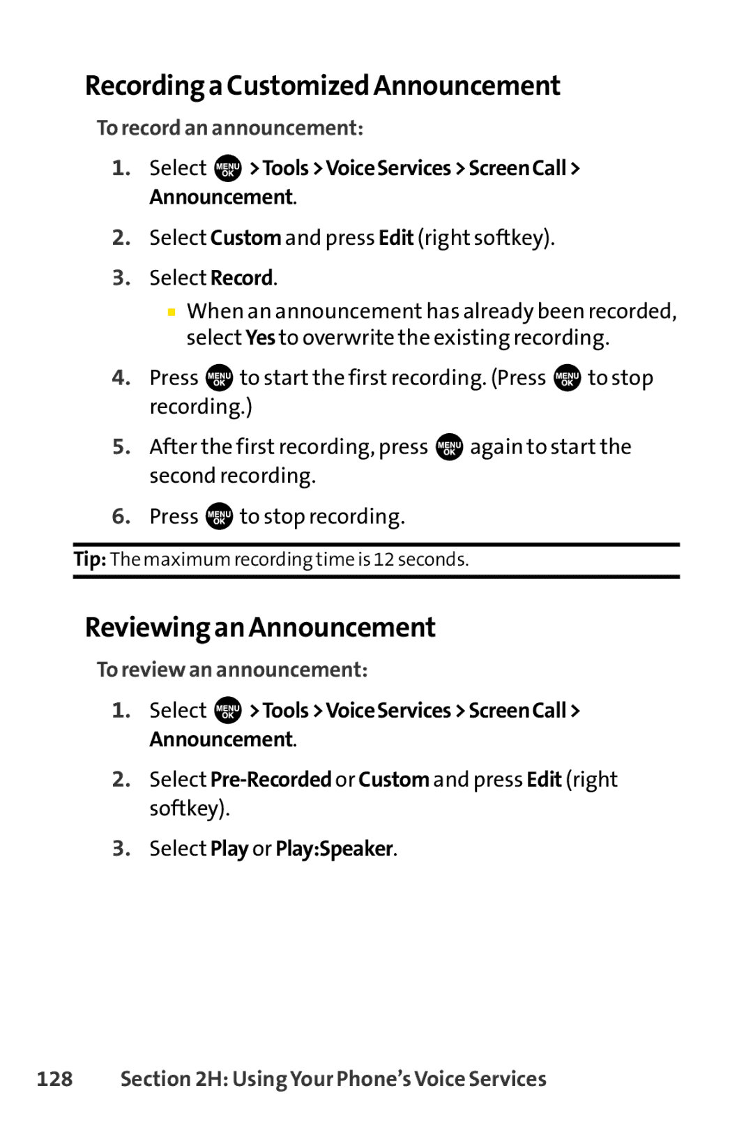 Sprint Nextel SCP-3100 manual Recording a Customized Announcement, Reviewing an Announcement, To record an announcement 