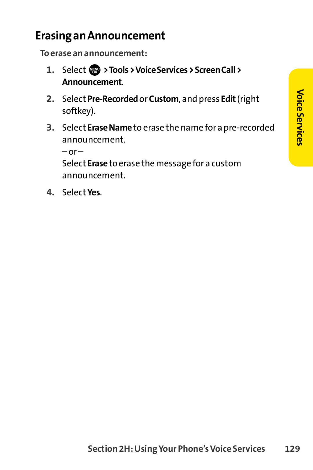 Sprint Nextel SCP-3100 manual Erasing an Announcement, To erase an announcement, 129 